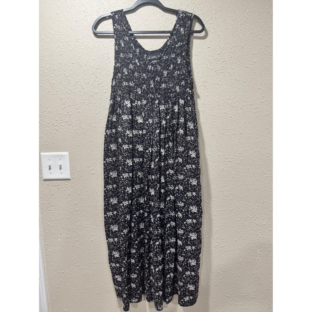 At Last & Co Floral Smocked Midi Dress Black Rayon Sleeveless Large